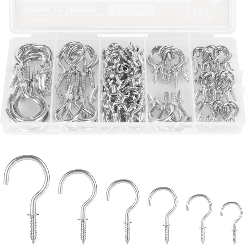 RELBRO Screw Hooks, 6 Sizes Metal Screw in Cup Hooks, 1/2 Inch, 5/8 Inch, 3/4 Inch, 7/8 Inch, 1 Inch, 1-1/4 Inch, Silver, 110 Pcs - Image 1